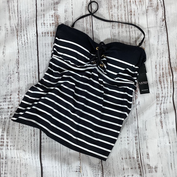 344. Ralph Lauren Black & White Striped Tankini Top NWT Size 16 - Picture 1 of 5